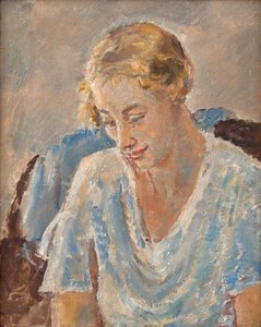 Portret van een vrouw in blauw (olieverf op doek)