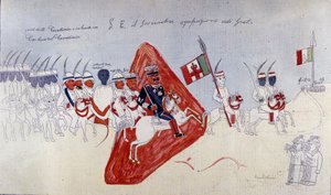 Abyssinische tekening die Generaal Baratieri toont die naar Adigrat loopt
