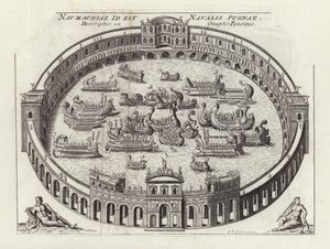 Zeeslag in een Romeins amfitheater (ets)