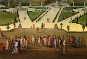 Promenade van Lodewijk XIV in het zicht van het noordelijke parterre in de tuinen van Versailles (detail) door Etienne Allegrain