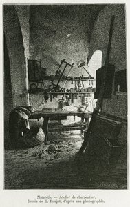 Timmerwerkplaats in Nazareth. Gravure door E. Ronjat, ter illustratie van het verhaal La Syria d