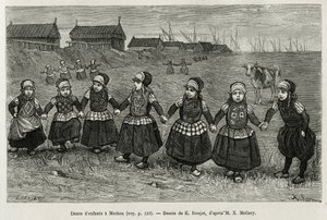 Kinderdansen in Marken (Nederland), gravure naar een tekening van E. Ronjat, illustratie van het verhaal van Nederland, door Charles de Coster, in 1878, gepubliceerd in Le tour du monde