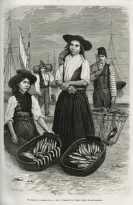 Visverkopers, gekleed in het traditionele vrouwenkostuum: korte rok en geplooid, lijfje met zilveren knopen, bedekt met een brede zwarte vilten hoed. Gravure door E.Ronjat, ter illustratie van het verhaal een week in Lissabon, door Jules Leclercq, gepublic door Etienne Antoine Eugene Ronjat