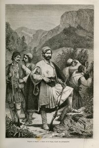 Griekse bandieten en herders, medeplichtigen in de bergen, tekening door E. Ronjat, ter illustratie van het verhaal van Henri Belle: Reis naar Griekenland