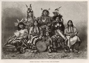 Indiaanse krijgers en hun vrouwen (Texas). Gravure naar de tekening van E. Ronjat, ter illustratie van het verhaal 