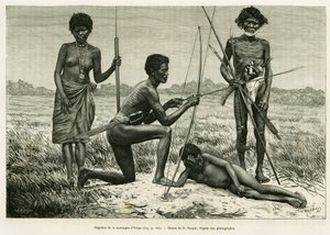 Negritos van de Yriga-berg. Gravure door E.Ronjat ter illustratie van het verhaal Lucon en Palaouan, zes jaar in de Filipijnen, door Alfred Marche (1844-1898), in le tour du monde 1886, onder leiding van Edouard Charton (1807-1890), Hachette, Parijs. door Etienne Antoine Eugene Ronjat