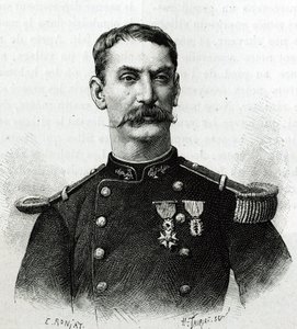 Portret van commandant Joseph Gallieni, tijdens de expeditie in Afrika (1879-1882). Gravure door E. Ronjat naar een foto, ter illustratie van het verhaal 
