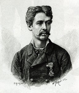 Portret van dokter Tautain, tijdens de expeditie naar Afrika 1879-1882, onder bevel van Gallieni. Gravure naar een foto ter illustratie van het verhaal 