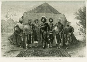 Portret van Prins Menelik II van Ethiopië (1844-1913), omringd door zijn generaals