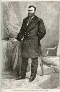 Portret van Ulysses Grant (1822-1885), Amerikaanse generaal, leider van de Unie-troepen tijdens de Secessieoorlog en 18e president van de Verenigde Staten (Verenigde Staten) voor twee termijnen van 1869 tot 1877. Gravure naar de tekening van E.Ronjat, ter  door Etienne Antoine Eugene Ronjat