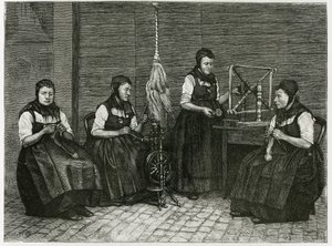 Sondernach verspreiders, beschrijving van de verschillende stadia van het spinnen, hand, spil en spil. Gravure door E. Ronjat, ter illustratie van het verhaal 