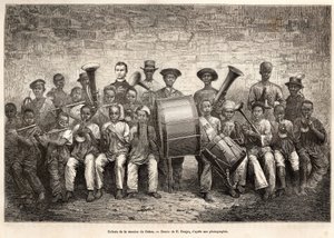 De band van de kinderen van de Gabon missie. Gravure naar de tekening van E. Ronjat, ter illustratie van de cruise langs de kust van Afrika, door vice-admiraal Fleuriot de Langle, in 1868, gepubliceerd in 