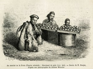 De broodverkoper, aan de voet van de Oriëntaalse Bloemenpoort van het Keizerlijk Paleis in Peking, een alledaagse scène. Gravure naar de tekening van E. Ronjat, ter illustratie van de reis naar Peking en Noord-China, door T. Choutze, in 1873, gepubliceerd  door Etienne Antoine Eugene Ronjat
