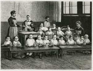 De maaltijd van de kinderen in de crèche. Gravure door E. Ronjat, ter illustratie van het verhaal 
