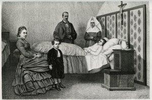Het doktersconsult in het Logelbach-hospice. Gravure door E. Ronjat, ter illustratie van het verhaal 