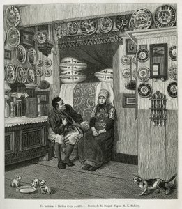Een interieur in Marken (Nederland), gravure naar een tekening van E.Ronjat, ter illustratie van het verhaal van Nederland, door Charles de Coster, 1878, gepubliceerd in 