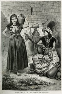 Vrouwen dragen kruiken, bij de bron van Hiram in Tyrus. Gravure door E. Ronjat, ter illustratie van het verhaal La Syrie d