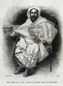 Portret van Abd El Kader (1808-1883) Algerijnse emir en sultan, soefi-theoloog, politicus en militair verzet tegen het Franse koloniale leger, ook schrijver, dichter en filosoof. Gravure door E. Ronjat, ter illustratie van het verhaal La Syria d