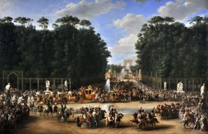 De huwelijksstoet van Napoleon I en Marie-Louise die de Jardin des Tuileries oversteken op 2 april door Etienne Barthelemy Garnier