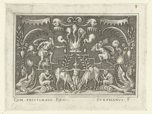 Abraham gaat Izaäk opofferen Vlakdecoraties met scènes uit het Oude Testament in een omlijsting van grotesken