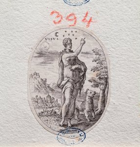 Allegorie van het zicht, een vrouw wijst naar de hemel (gravure)