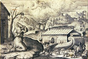 Noach die Gods instructies opvolgt om de ark te vullen