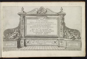 Titelprent met een monument met titel, geflankeerd door Faam en Vadertje Tijd