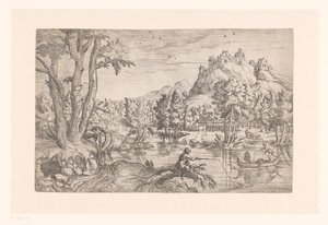 Landschap met visser en kasteel op bergtop
