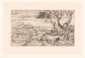 Landschap met vrouwelijke sater die een saterkind voedt door Etienne Dupérac (attributed to)