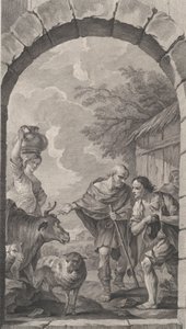 De kapel van de Enfants-Trouvés in Parijs: Groep herders voor een hut door Etienne Fessard