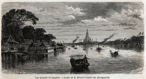 Algemeen uitzicht op Bangkok (Thailand), tekening door E. Bocour, ter illustratie van de reis van Henri Mouhot naar de koninkrijken Siam, Cambodja en Laos van 1858 tot 1861. Gravure in "Le tour du monde", uitgegeven door Edouard Charton door Etienne Gabriel Bocourt