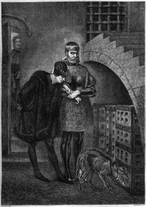 Koning Lodewijk XI van Frankrijk (1423-1483) bezoekt de gevangene Jean de La Balue (Kardinaal Balue) (1421-1491), opgesloten in een ijzeren kooi. Gravure door Bocour naar het schilderij van Gerome
