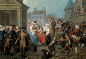 Carnaval in de straten van Parijs (detail) door Étienne Jeaurat