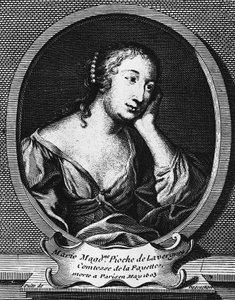 Medailonportret van Marie-Madeleine Pioche de La Vergne, gravin de La Fayette, Franse romanschrijfster, gravure door Etienne Jehandier Desrochers