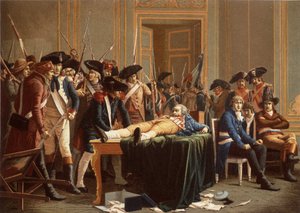 De ochtend van de 10e Thermidor Jaar II; Maximilien de Robespierre, met een gebroken kaak, uitgespreid op een tafel