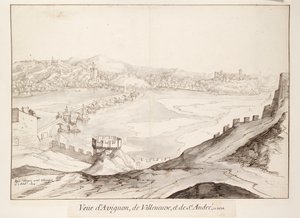 Uitzicht op de brug bij Avignon richting Villeneuve, begin 17e eeuw