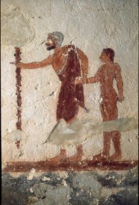 Een oude man vergezeld door een jonge man (Fresco, detail, 530 v.Chr.) door Etruscan