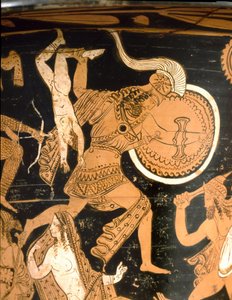 Klokvormige krater met de vernietiging van Troje (detail met Neoptolemos die Astyanax over de muren gooit)