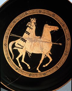 Etruskische oudheid: detail van een kylix die een ruiter voorstelt. Van Falerii Veteres (Civita Castellana) 5e eeuw v.Chr. Rome, Museo Nazionale di Villa Giulia
