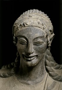 ETRUSKISCHE KUNST: Apollo (detail). c. 510-490 VC. Van Veius, heiligdom o..., c. 510-490 VC. (terracotta) door Etruscan
