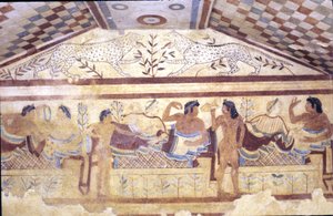 Etruskisch graf van luipaarden, fresco met banketscène, Tarquinia. 5e eeuw v.Chr., Italië