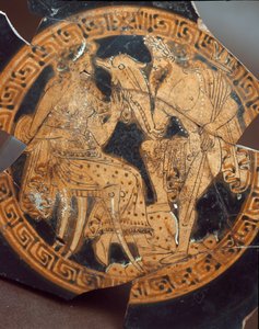 Etruskische oudheid: detail van een kylix die Poseidon en Amphitrite voorstelt. Uit Falerii Veteres (Civita Castellana) 6e eeuw v.Chr. Rome, Museo Nazionale di Villa Giulia