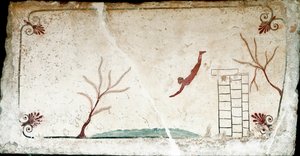 Etruskische kunst: Een jonge zwemmer duikt. Fresco van het graf van de 