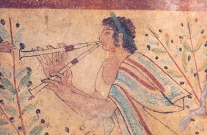 Etruskische kunst: een fluitspeler. Detail van een fresco in het Graf van de Luipaarden, in de necropolis van Monterozzi, Italië, begin 5e eeuw v.Chr. (fresco)