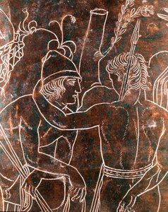 Etruskische kunst: detail van de bronzen Ficoroni Cistus die de legende van de Argonauten voorstelt. Van Preneste (Palestrina). 340 v.Chr. Museo Nazionale di Villa Giulia, Rome door Etruscan