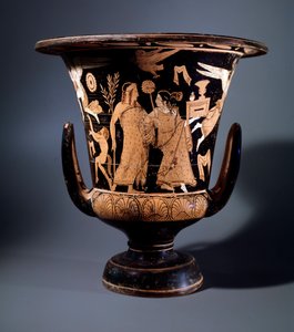 Etruskische beschaving: terracotta kraterdecor door de schilder van Nazzano die Apollo en een menade voorstelt, 350 v.Chr. Dim 57 cm, Van de site van Civita Castellana door Etruscan
