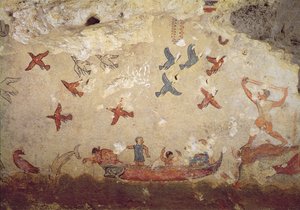 Vissers in een boot en vogels die vliegen, uit het graf van vissen en jagen, c.520-510 v.Chr. door Etruscan