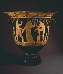 Krater (grote vaas) door de Nepi Schilder. Roodfigurige aardewerk uit Corchiano (Lazio). Etruskische Beschaving, 4e eeuw v.Chr.