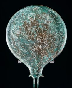 Spiegel die banketscène uitbeeldt, bronzen artefact uit Preneste, Etruskische Beschaving, 4e eeuw v.Chr. door Etruscan