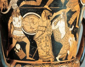 Roodfigurige keramiek, detail van krater die Menelaüs toont tegenover Aphrodite terwijl hij Helena bereikt, uit Civita Castellana, oude Falerii, Rome provincie door Etruscan
